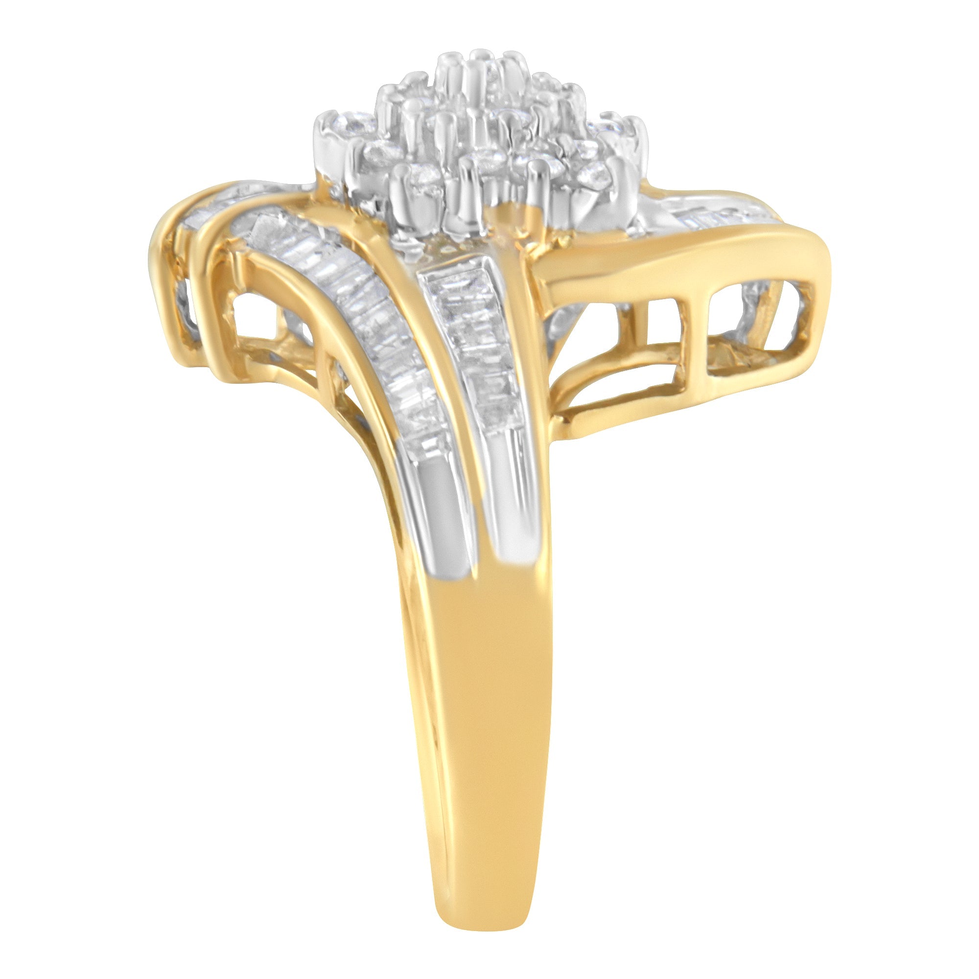 10K Yellow Gold Round and Baguette-Cut Diamond Bypass Cluster Ring (1.0 Cttw, I-J Color, I1-I2 Clarity) - Size 8 by Bids.com