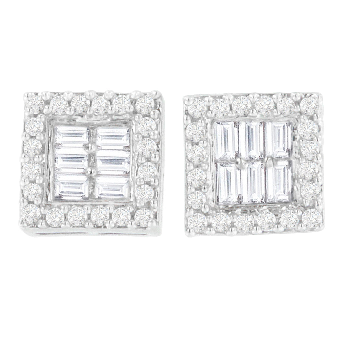 14K White Gold 1 cttw Round and Baguette Diamond Stud Earrings (H-I, SI1-SI2) by Bids.com