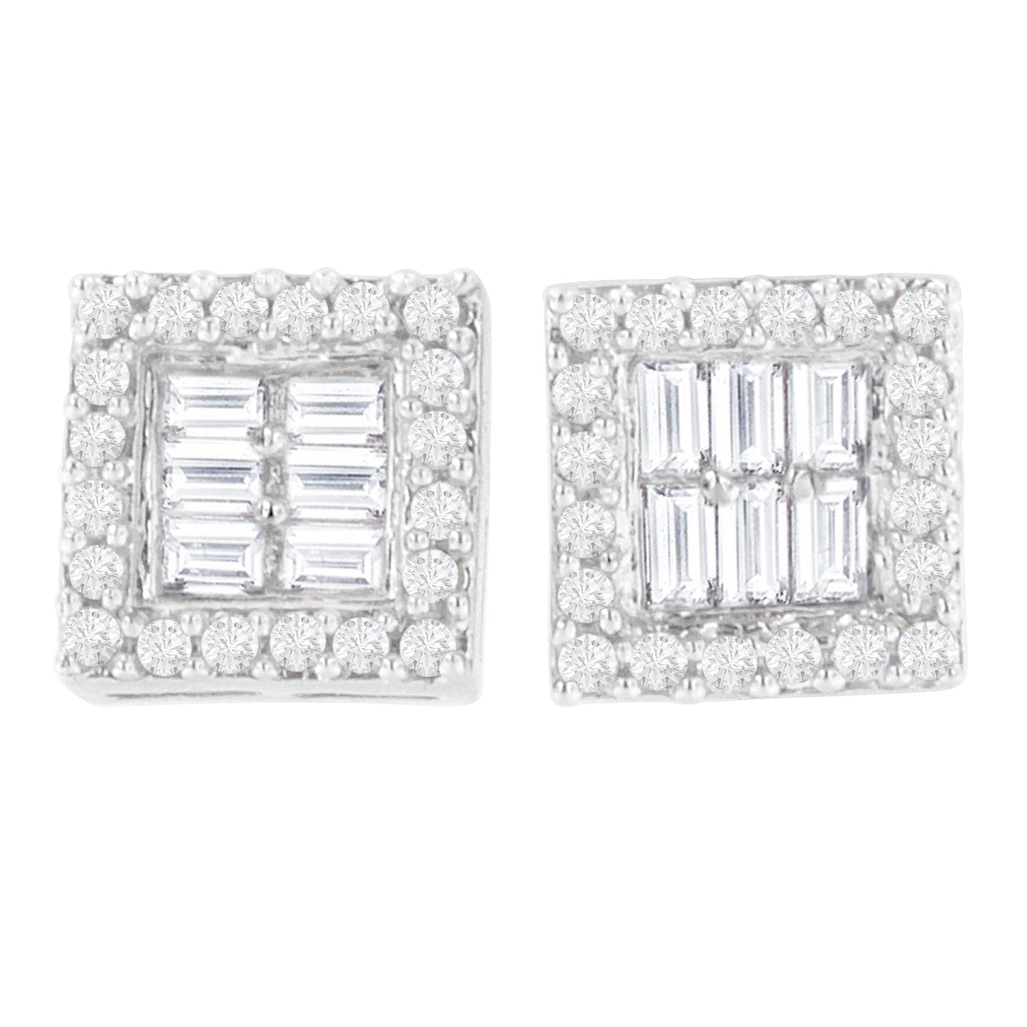 14K White Gold 1 cttw Round and Baguette Diamond Stud Earrings (H-I, SI1-SI2) by Bids.com