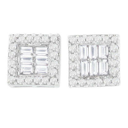 14K White Gold 1 cttw Round and Baguette Diamond Stud Earrings (H-I, SI1-SI2) by Bids.com