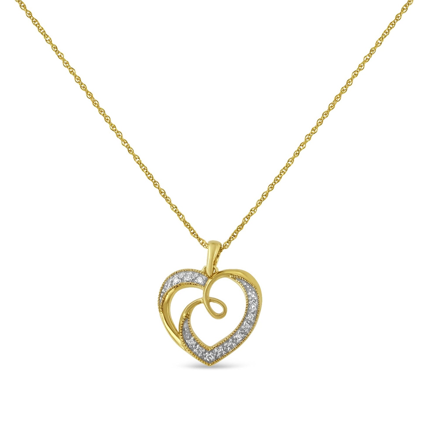 14K Yellow Gold Plated .925 Sterling Silver Diamond Accent Ribbon &amp; Heart 18" Pendant Necklace (H-I Color, I2-I3 Clarity)