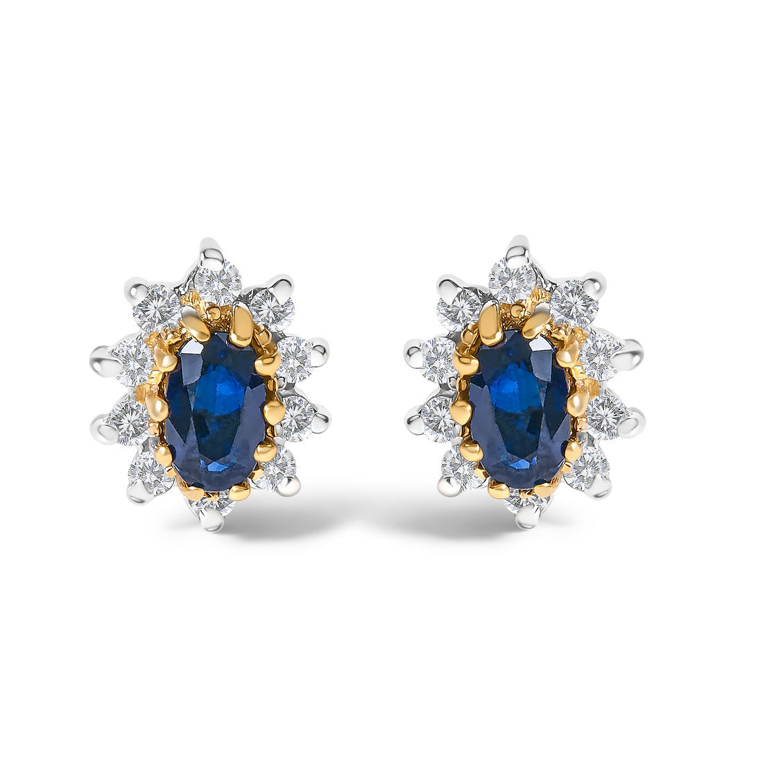 14K Yellow Gold 1/4 Cttw Diamond and Blue Sapphire Sunburst Halo Stud Earrings (K-L Color, I1-I2 Clarity) by Bids.com