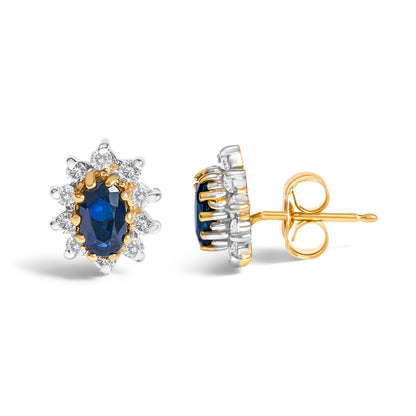 14K Yellow Gold 1/4 Cttw Diamond and Blue Sapphire Sunburst Halo Stud Earrings (K-L Color, I1-I2 Clarity) by Bids.com