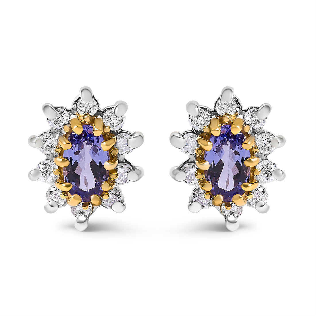 14K Yellow Gold 1/4 Cttw Diamond and Blue Purple Tanzanite Sunburst Halo Stud Earrings (K-L Color, I1-I2 Clarity) by Bids.com