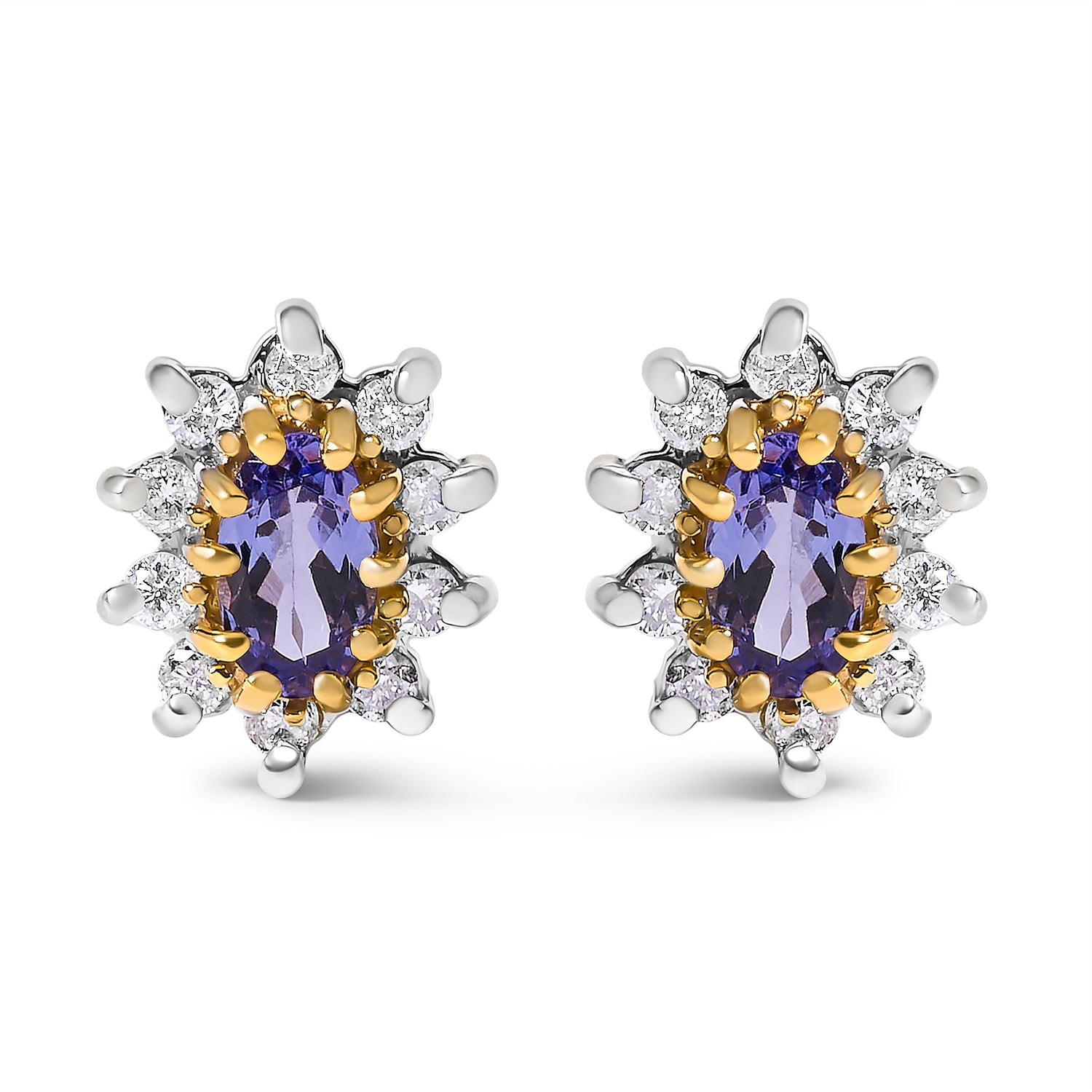14K Yellow Gold 1/4 Cttw Diamond and Blue Purple Tanzanite Sunburst Halo Stud Earrings (K-L Color, I1-I2 Clarity) by Bids.com