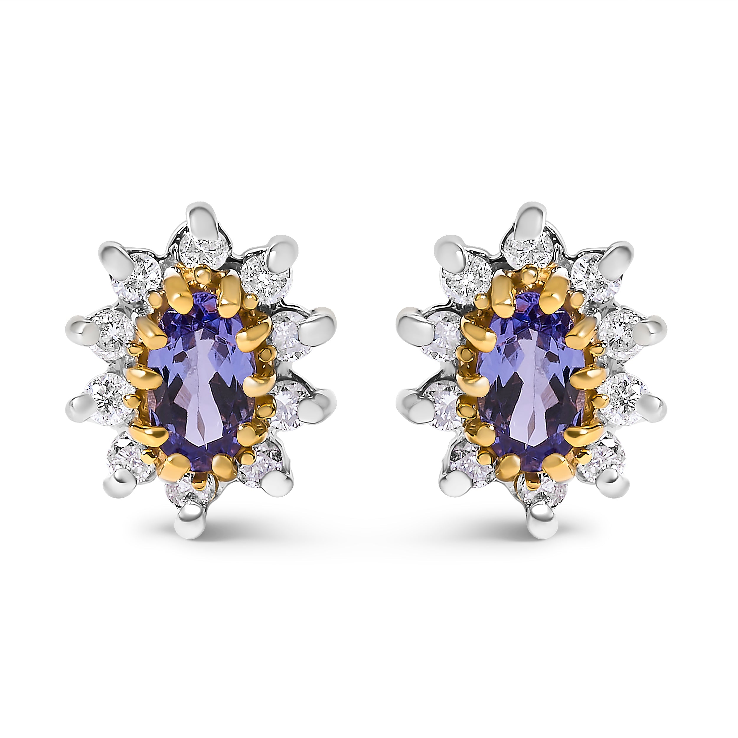 14K Yellow Gold 1/4 Cttw Diamond and Blue Purple Tanzanite Sunburst Halo Stud Earrings (K-L Color, I1-I2 Clarity) by Bids.com