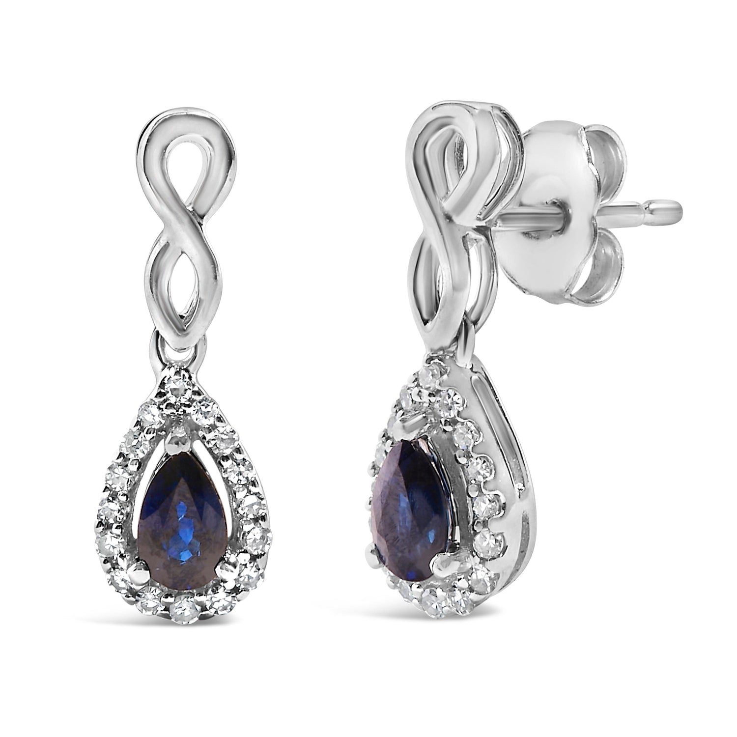 10K White Gold Pear Cut Blue Sapphire and 1/7 Cttw Diamond Infinity Drop and Dangle Earrings (I-J Color, I1-I2 Clarity) by Bids.com
