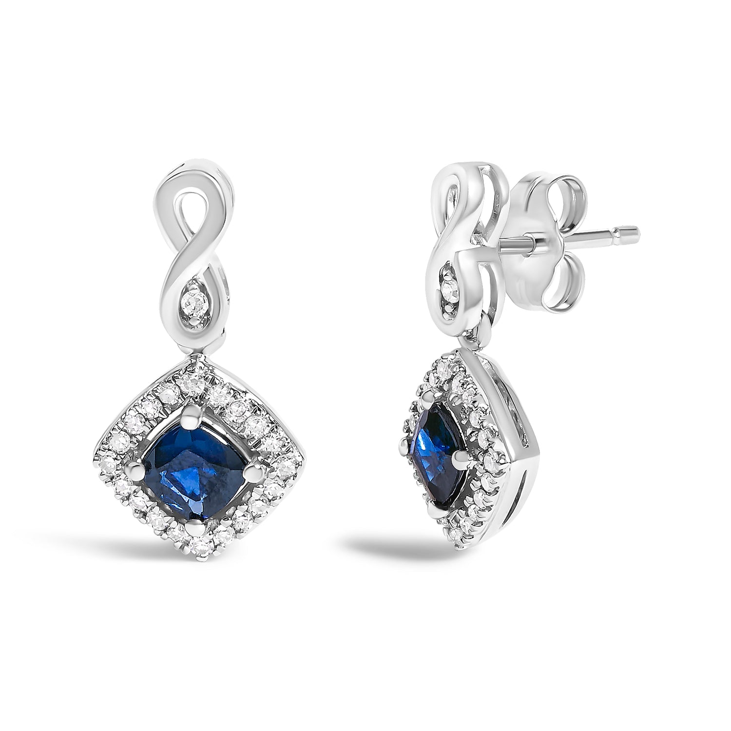 10K White Gold Blue Sapphire and Diamond Halo Cushion Shaped Drop Earrings (I-J Color, I1-I2 Clarity) by Bids.com