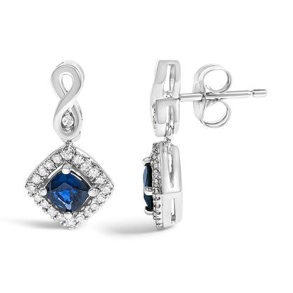 10K White Gold Blue Sapphire and Diamond Halo Cushion Shaped Drop Earrings (I-J Color, I1-I2 Clarity) by Bids.com