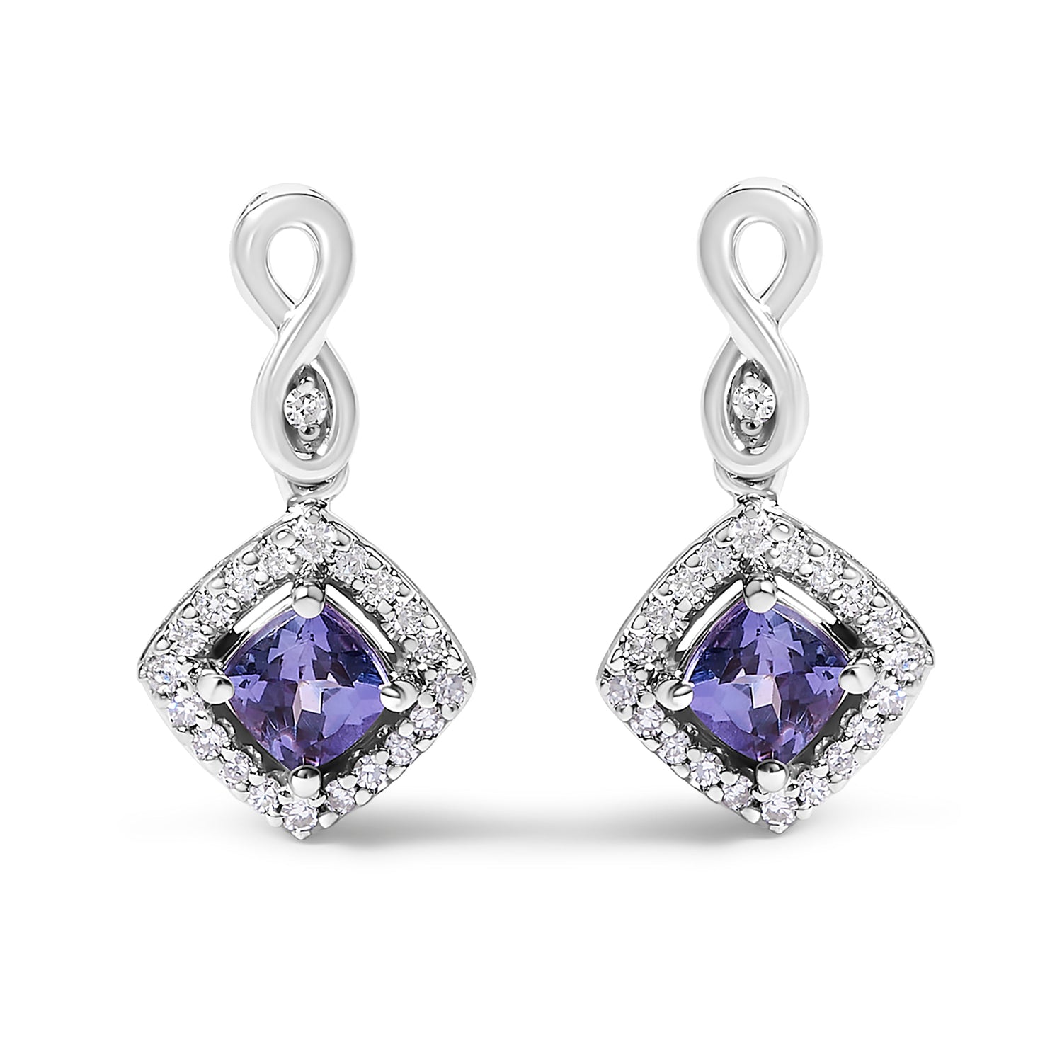 10K White Gold Blue Purple Tanzanite and Diamond Halo Cushion Shaped Drop Earrings (I-J Color, I1-I2 Clarity) by Bids.com
