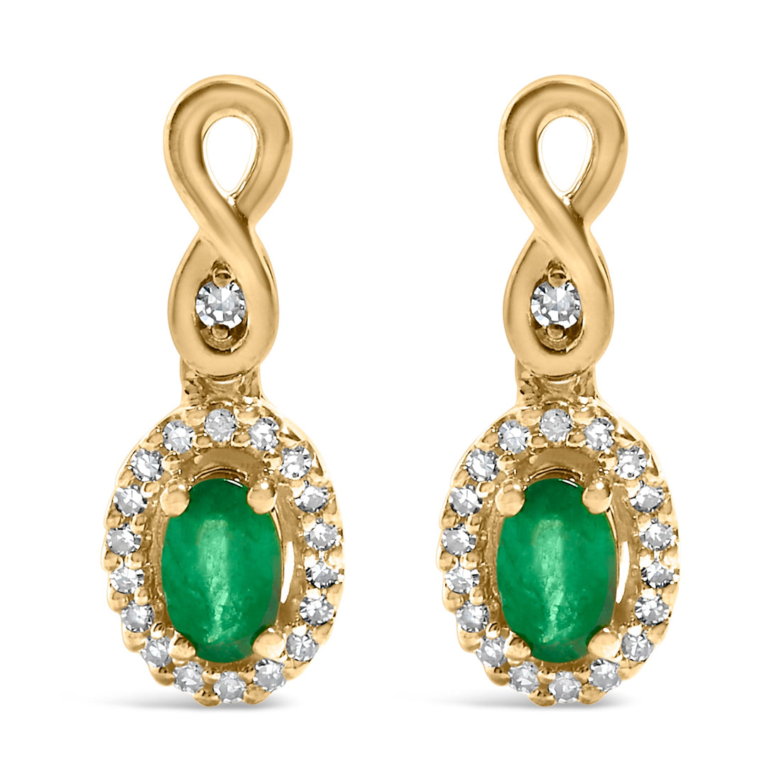 10K Yellow Gold Oval Cut Green Emerald 5x3 mm and 1/7 Cttw Round Diamond Dangle Earrings by Bids.com
