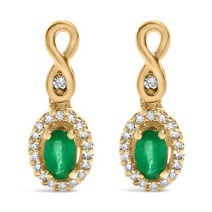 10K Yellow Gold Oval Cut Green Emerald 5x3 mm and 1/7 Cttw Round Diamond Dangle Earrings by Bids.com
