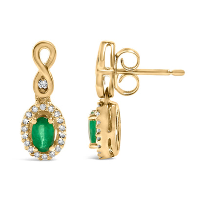 10K Yellow Gold Oval Cut Green Emerald 5x3 mm and 1/7 Cttw Round Diamond Dangle Earrings by Bids.com