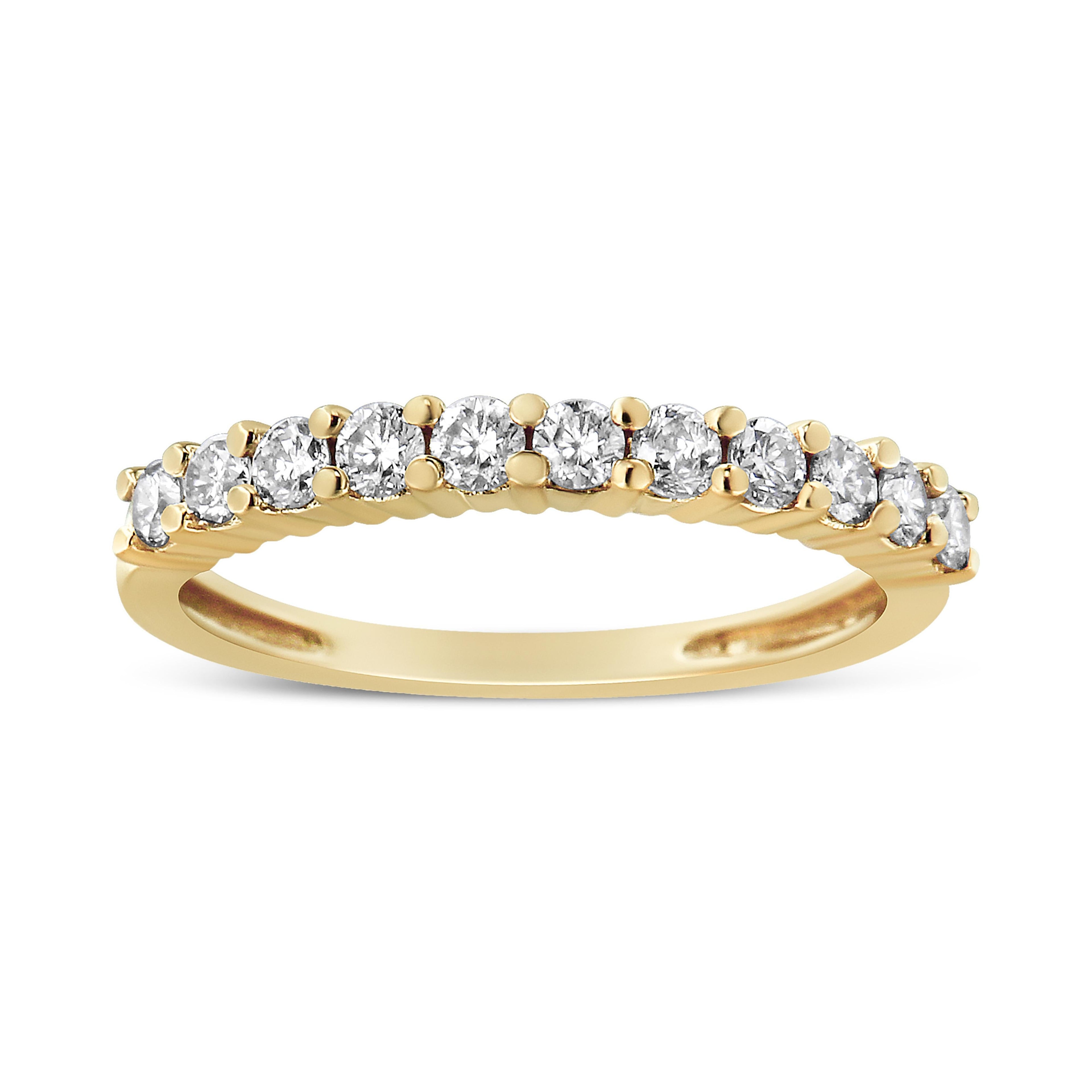14K Yellow Gold Plated .925 Sterling Silver 1/2 cttw Shared Prong Set Brilliant Round-Cut Diamond 11 Stone Band Ring (J-K Color, I1-I2 Clarity) - Size 7  DestGlow