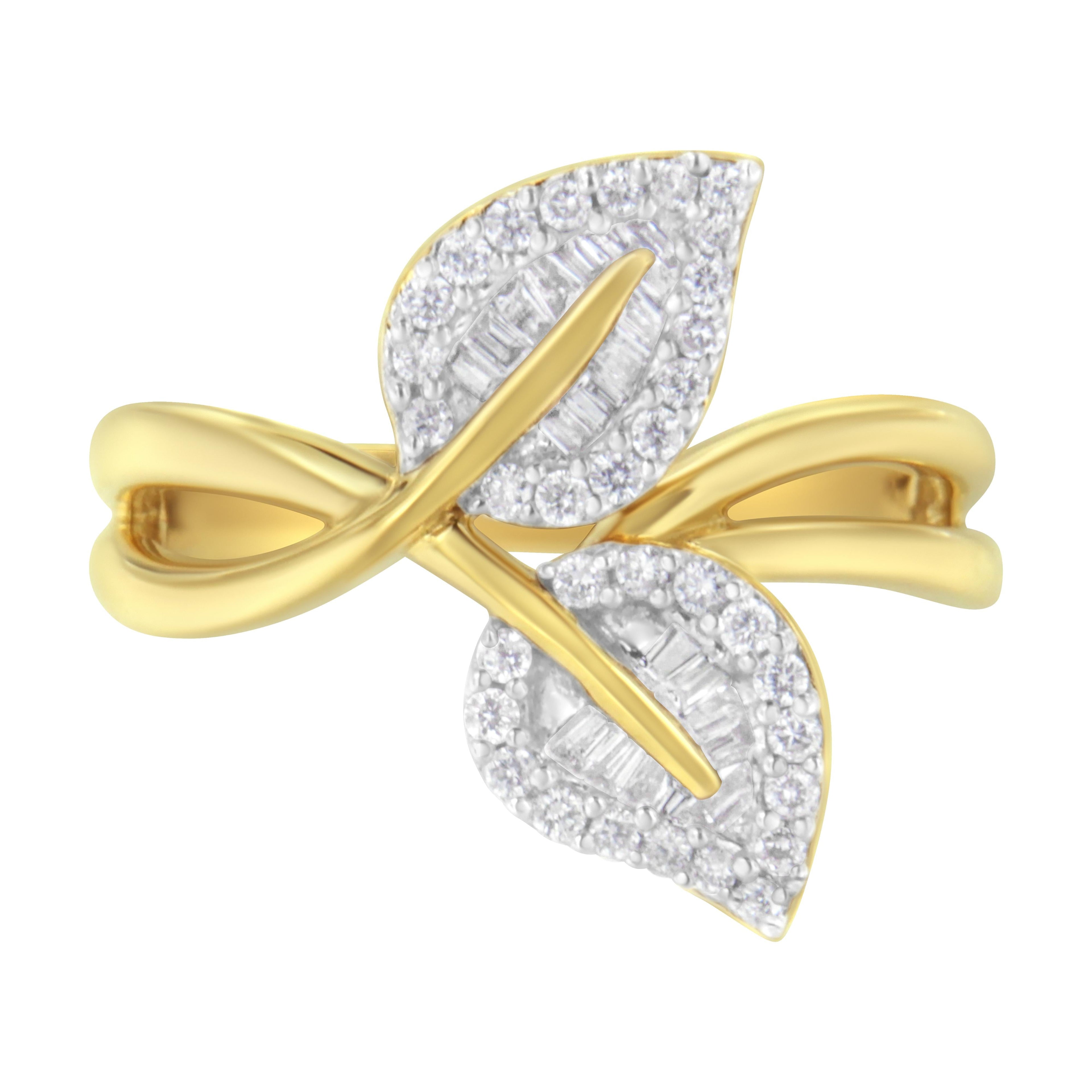 10K Yellow Gold 3/8 Cttw Round and Baguette-Cut Diamond Leaf Cocktail Ring - Size 7 (I-J Color, I1-I2 Clarity) by Bids.com