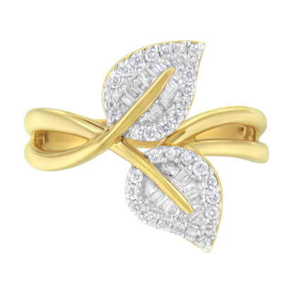 10K Yellow Gold 3/8 Cttw Round and Baguette-Cut Diamond Leaf Cocktail Ring - Size 7 (I-J Color, I1-I2 Clarity) by Bids.com