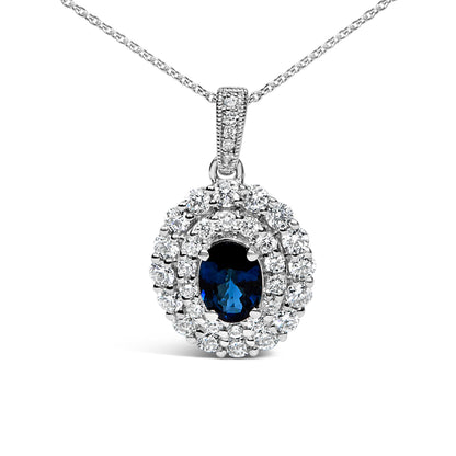 14K White Gold Oval Blue Sapphire and 3/4 Cttw Diamond Halo Pendant Necklace by Bids.com
