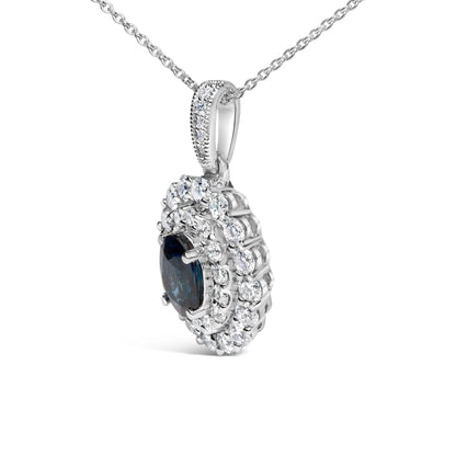 14K White Gold Oval Blue Sapphire and 3/4 Cttw Diamond Halo Pendant Necklace by Bids.com