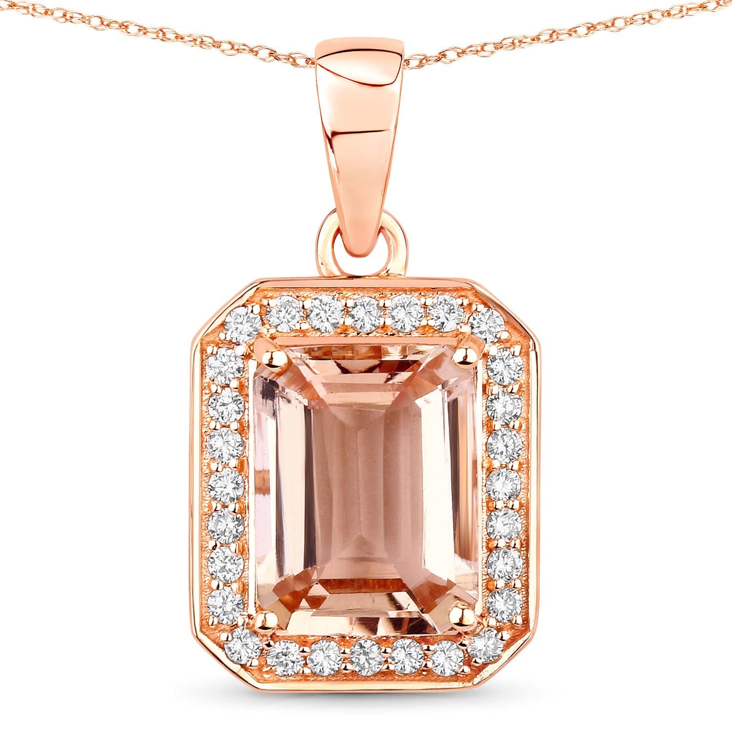 1.98 Carat Genuine Morganite and White Diamond 14K Rose Gold Pendant  DestGlow
