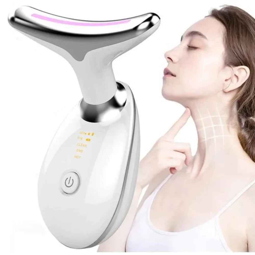 7 Color LED Neck Tightening Facial Device,Red Light Therapy for Face,Neck Lifting Device Face Massager for Face Lift, Facial Massager, anti Aging, 3 in 1 Portable Skin Care Tools, White