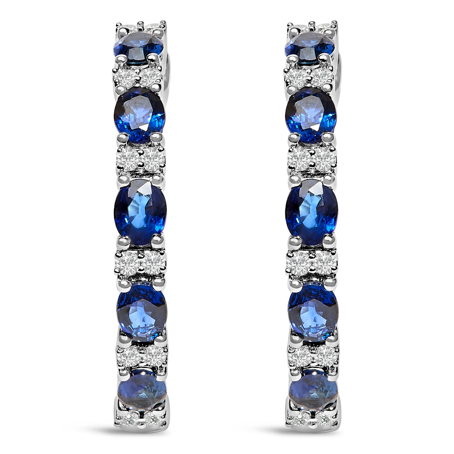 14K White Gold 4x3mm Oval Blue Sapphire and 1/4 Cttw Diamond Alternating Hoop Earring (I-J Color, SI2-I1 Clarity) by Bids.com