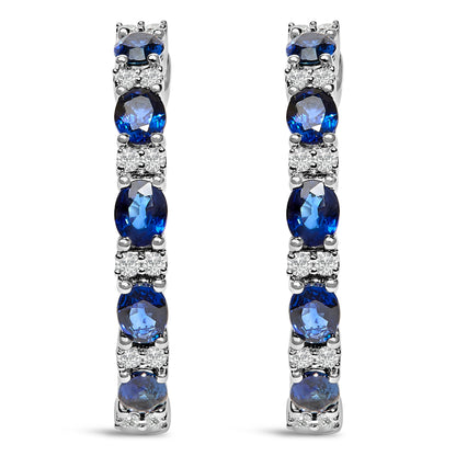 14K White Gold 4x3mm Oval Blue Sapphire and 1/4 Cttw Diamond Alternating Hoop Earring (I-J Color, SI2-I1 Clarity) by Bids.com