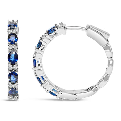 14K White Gold 4x3mm Oval Blue Sapphire and 1/4 Cttw Diamond Alternating Hoop Earring (I-J Color, SI2-I1 Clarity) by Bids.com