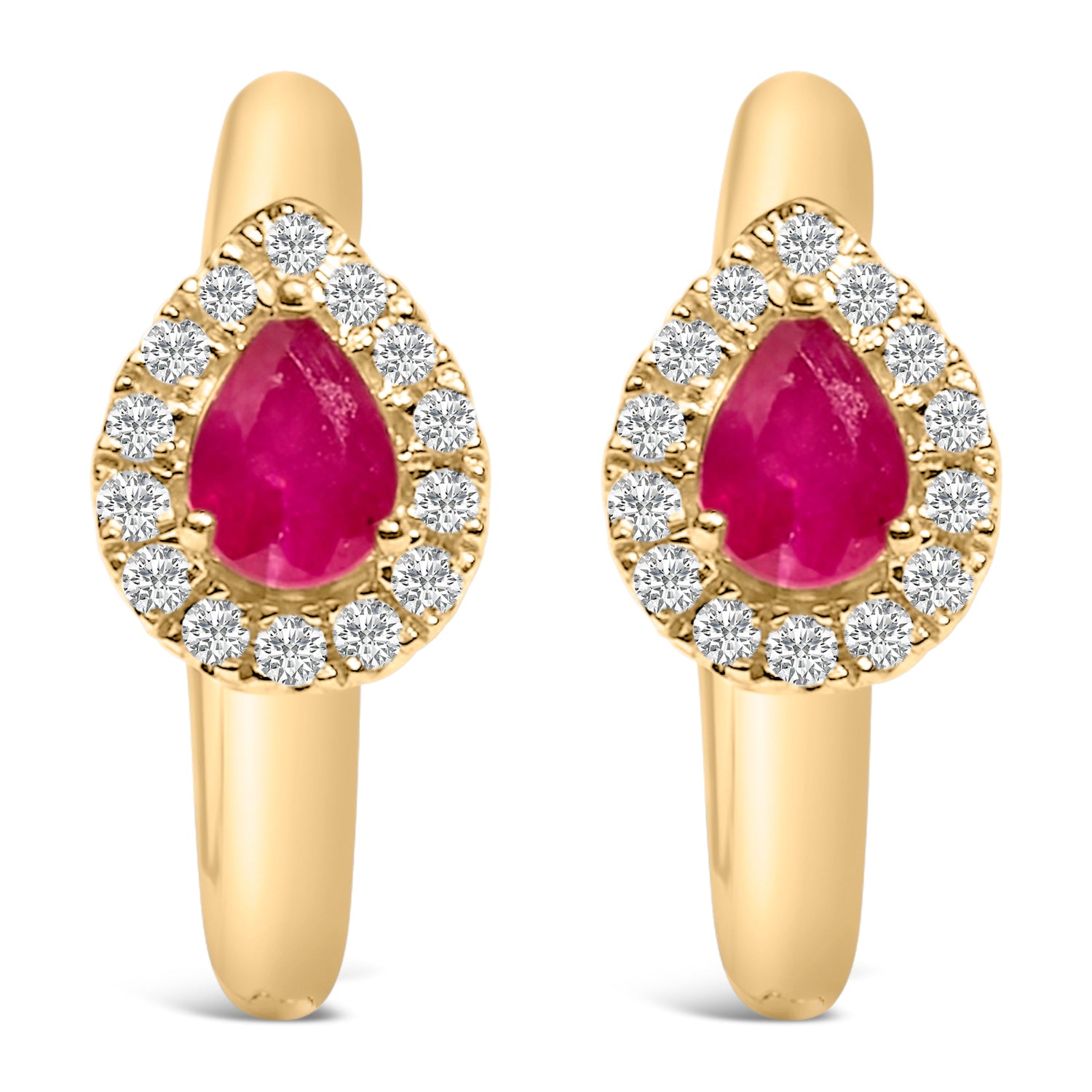 10K Yellow Gold Pear Cut Red Ruby 4x3 mm and 1/10 Cttw Round Diamond Huggy Earrings (I-J Color, I1-I2 Clarity) by Bids.com