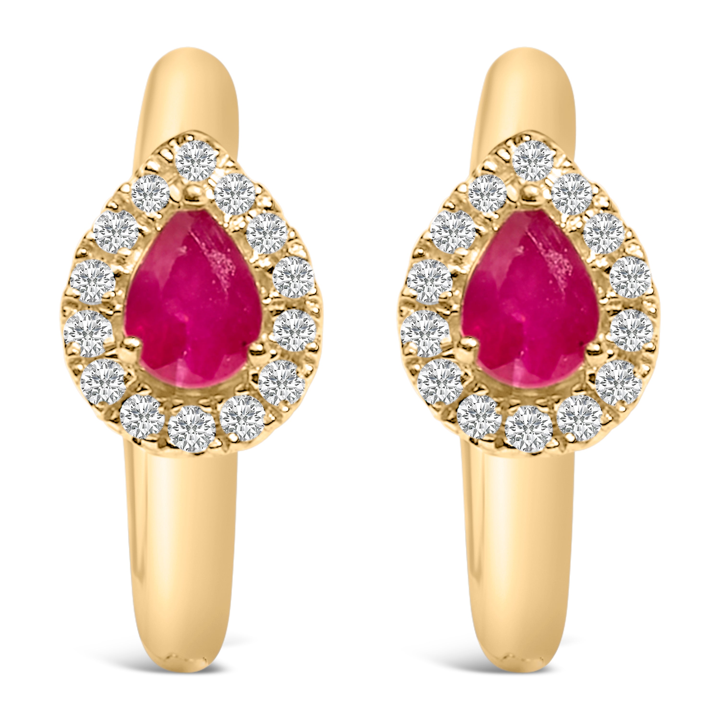 10K Yellow Gold Pear Cut Red Ruby 4x3 mm and 1/10 Cttw Round Diamond Huggy Earrings (I-J Color, I1-I2 Clarity) by Bids.com
