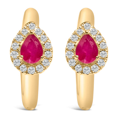 10K Yellow Gold Pear Cut Red Ruby 4x3 mm and 1/10 Cttw Round Diamond Huggy Earrings (I-J Color, I1-I2 Clarity) by Bids.com