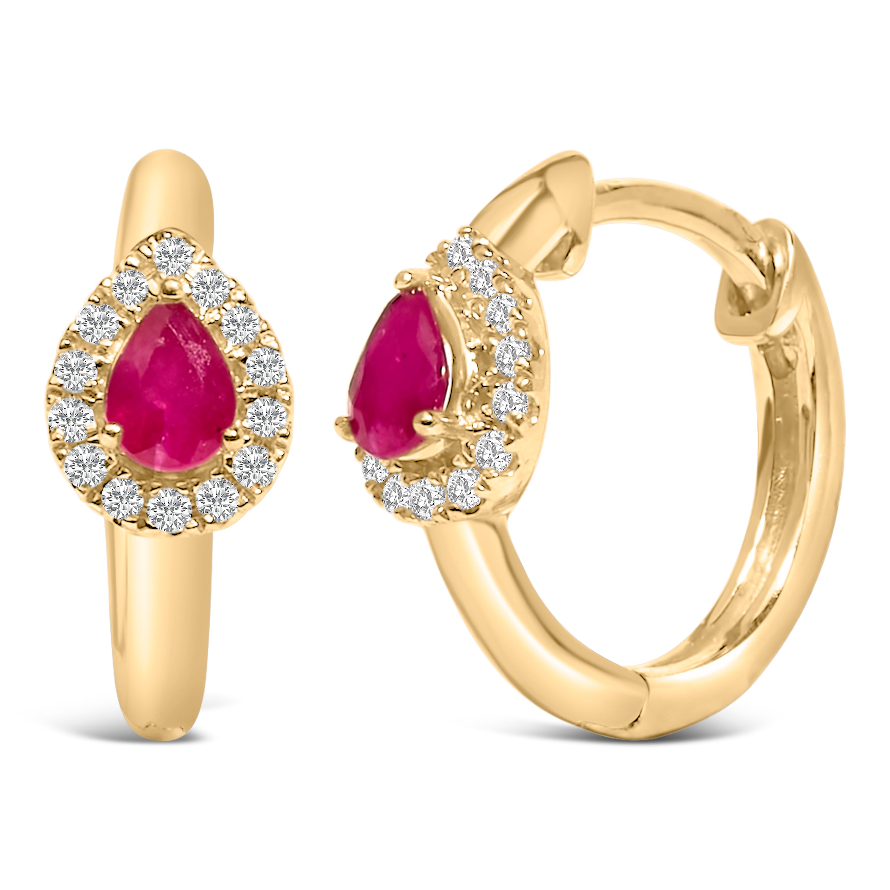 10K Yellow Gold Pear Cut Red Ruby 4x3 mm and 1/10 Cttw Round Diamond Huggy Earrings (I-J Color, I1-I2 Clarity) by Bids.com