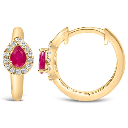 10K Yellow Gold Pear Cut Red Ruby 4x3 mm and 1/10 Cttw Round Diamond Huggy Earrings (I-J Color, I1-I2 Clarity) by Bids.com