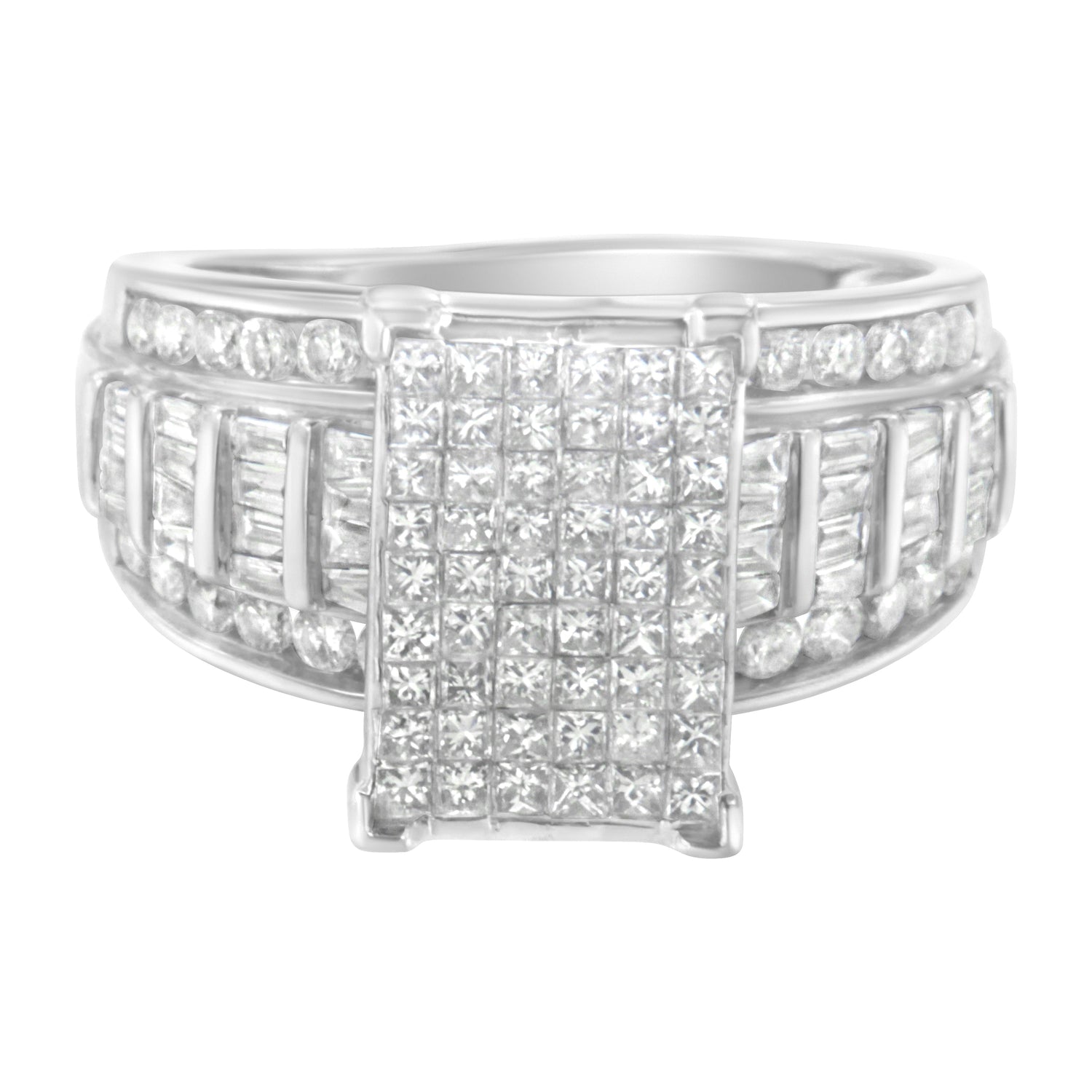 14K White Gold 2.0 Cttw Mixed-Cut Diamond Rectangle Invisible-Set Composite Cluster Ring with Bar- and Channel-Set Band (H-I Color, SI2-I1 Clarity) - Size 5 by Bids.com