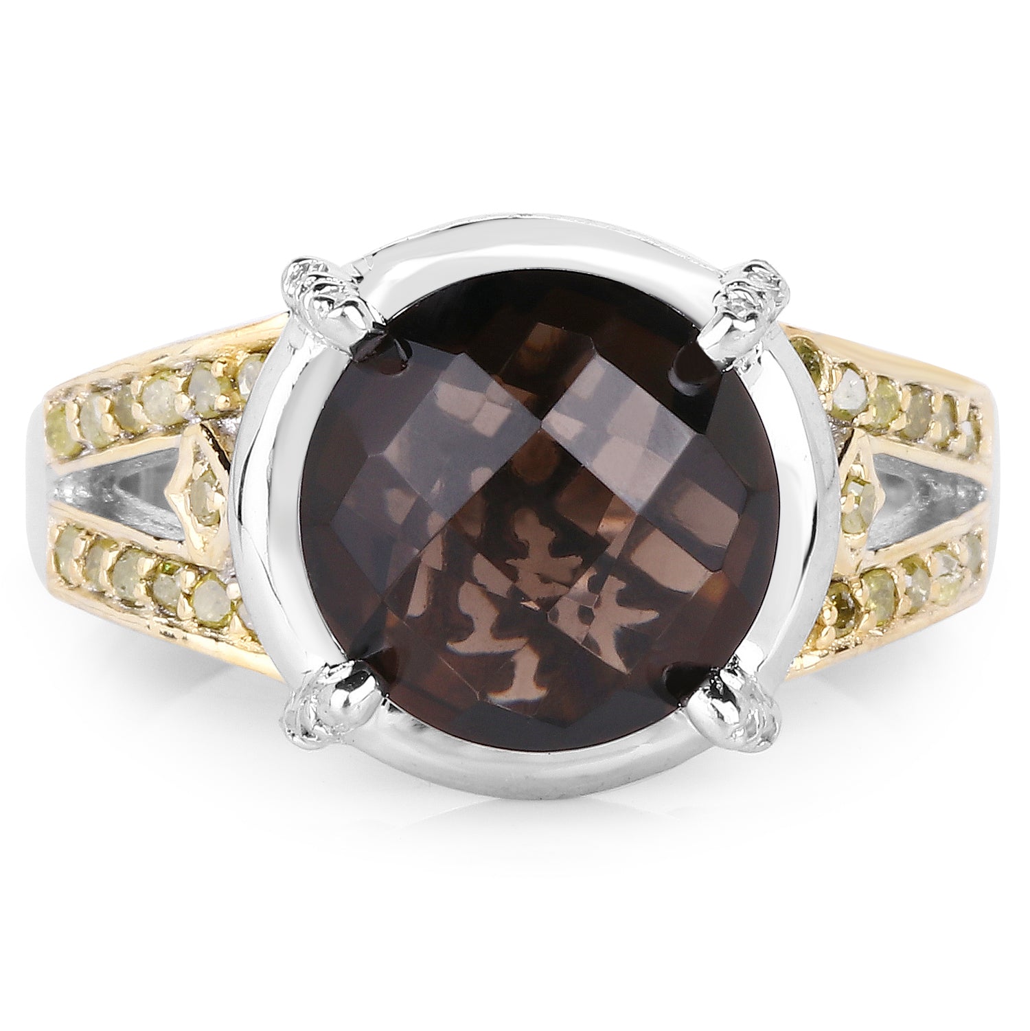 3.28 Carat Genuine Smoky Quartz, Yellow Diamond &amp; White Diamond .925 Sterling Silver Ring by Bids.com