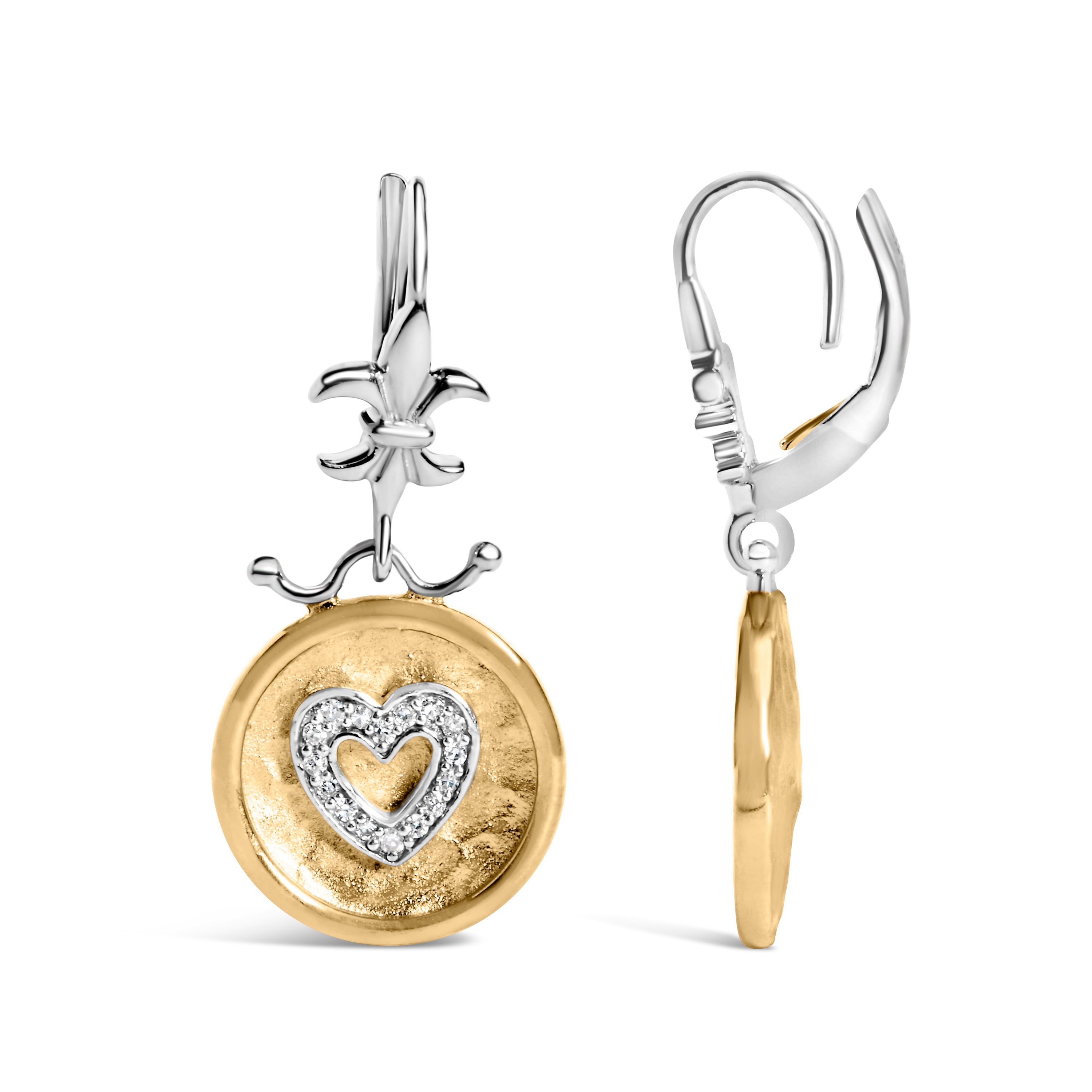 18K Yellow Gold Plated .925 Sterling Silver 1/8 Cttw Diamond Hammered Finished Medallion Heart Drop and Dangle Earrings (I-J Color, SI1-SI2 Clarity) by Bids.com