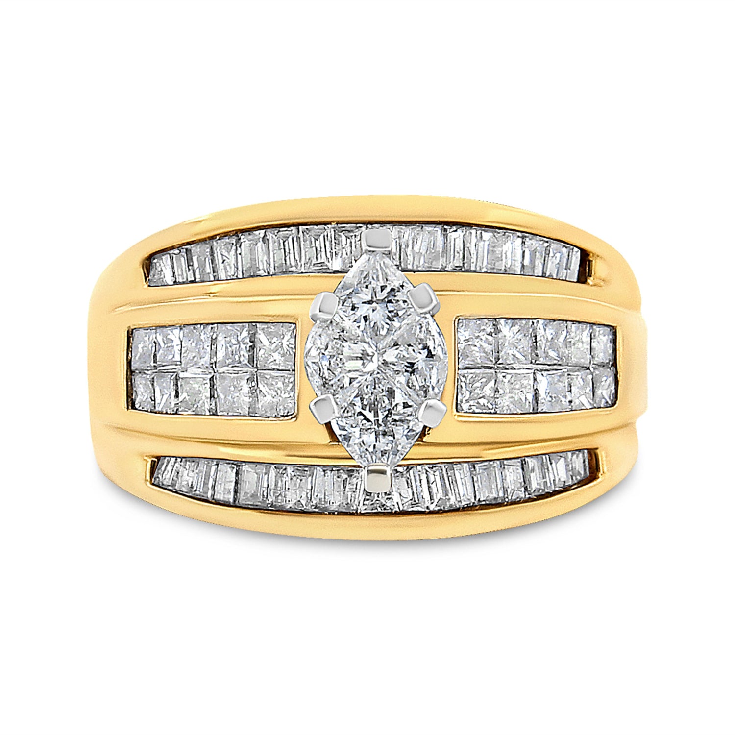 14K Yellow Gold 1 1/2 Cttw Pie, Princess and Baguette-cut Diamond Marquise Shaped Engagement Cocktail Ring Band (H-I Color, I1-I2 Clarity) - Ring Size 7  DestGlow
