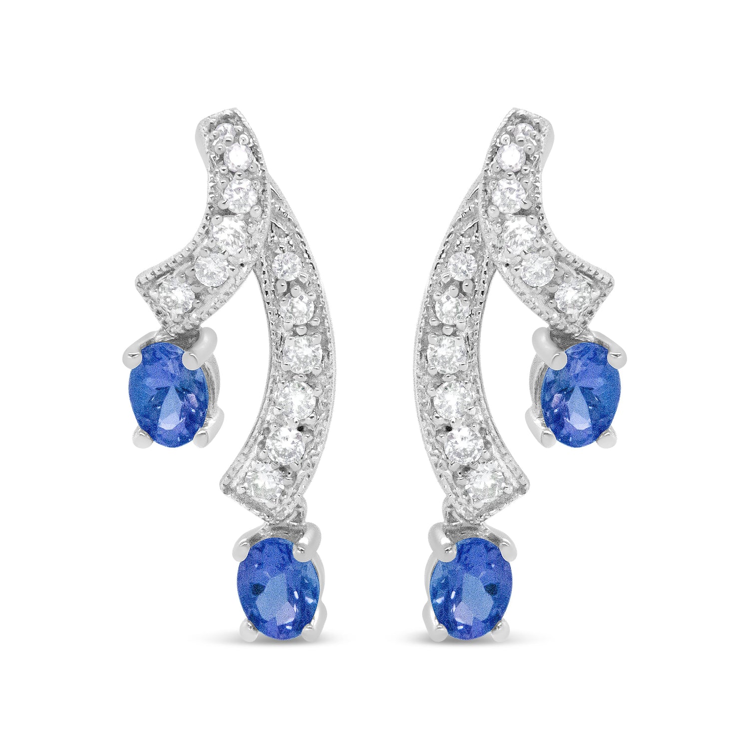 14K White Gold 4x3MM Oval Shaped Natural Blue Tanzanite Gemstone and 1/5 Cttw Diamond Double 3/4" Inch Drop Stud Earrings (H-I Color, VS1-VS2 Clarity) by Bids.com