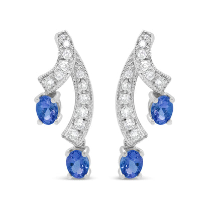 14K White Gold 4x3MM Oval Shaped Natural Blue Tanzanite Gemstone and 1/5 Cttw Diamond Double 3/4" Inch Drop Stud Earrings (H-I Color, VS1-VS2 Clarity) by Bids.com