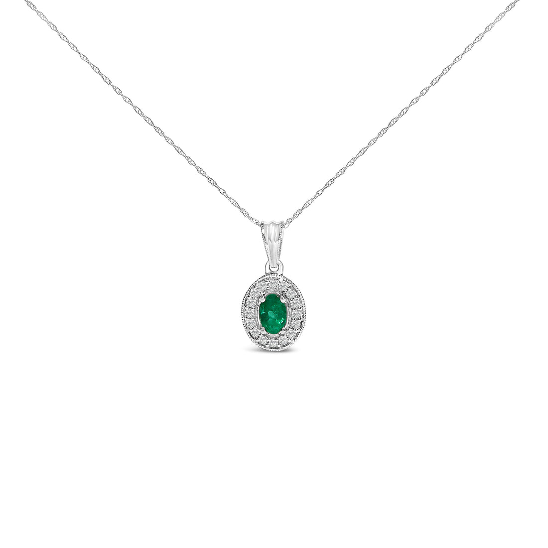14K White Gold Oval 6x4 MM Green Emerald and Diamond Halo Pendant Necklace - 18 inch by Bids.com