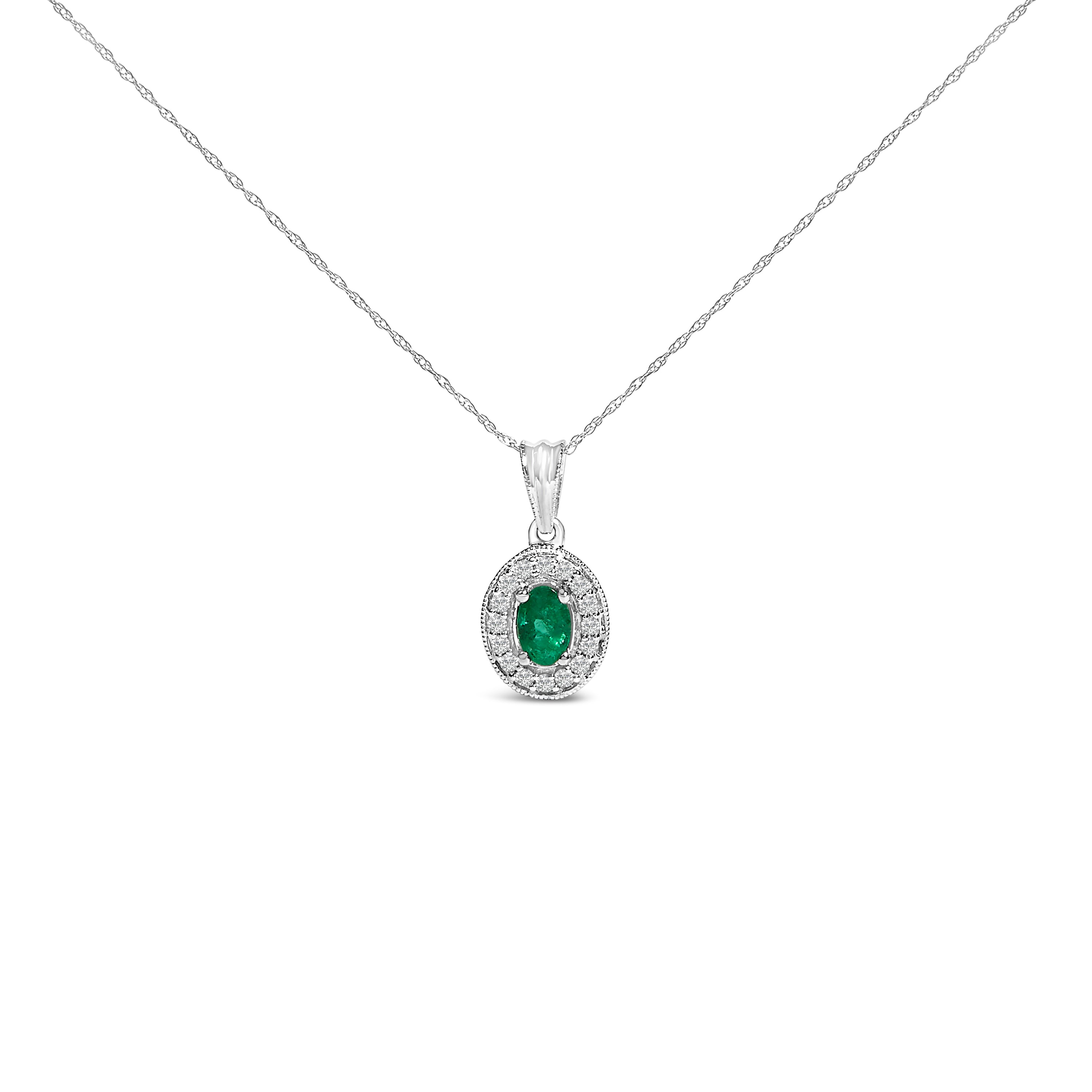 14K White Gold Oval 6x4 MM Green Emerald and Diamond Halo Pendant Necklace - 18 inch by Bids.com