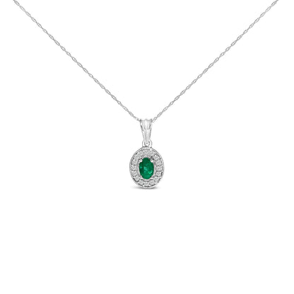 14K White Gold Oval 6x4 MM Green Emerald and Diamond Halo Pendant Necklace - 18 inch by Bids.com