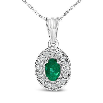 14K White Gold Oval 6x4 MM Green Emerald and Diamond Halo Pendant Necklace - 18 inch by Bids.com