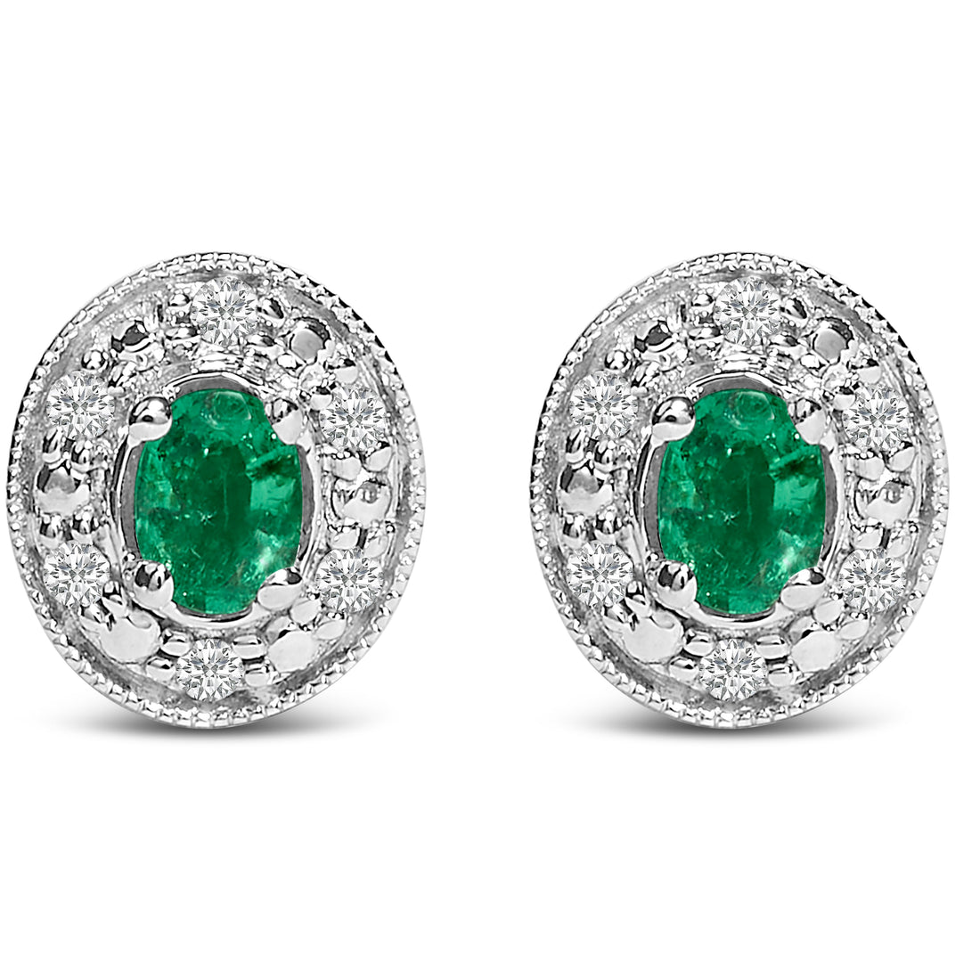14K White Gold Oval Green Emerald and 1/10 Cttw Diamond Halo Stud Earrings (I-J Color, I1-I2 Clarity) by Bids.com