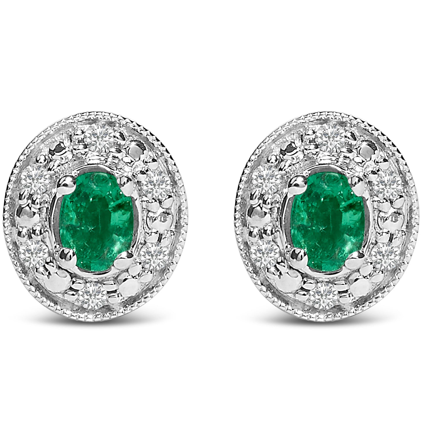 14K White Gold Oval Green Emerald and 1/10 Cttw Diamond Halo Stud Earrings (I-J Color, I1-I2 Clarity) by Bids.com