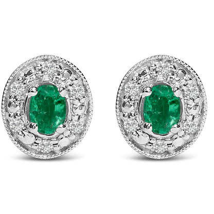 14K White Gold Oval Green Emerald and 1/10 Cttw Diamond Halo Stud Earrings (I-J Color, I1-I2 Clarity) by Bids.com