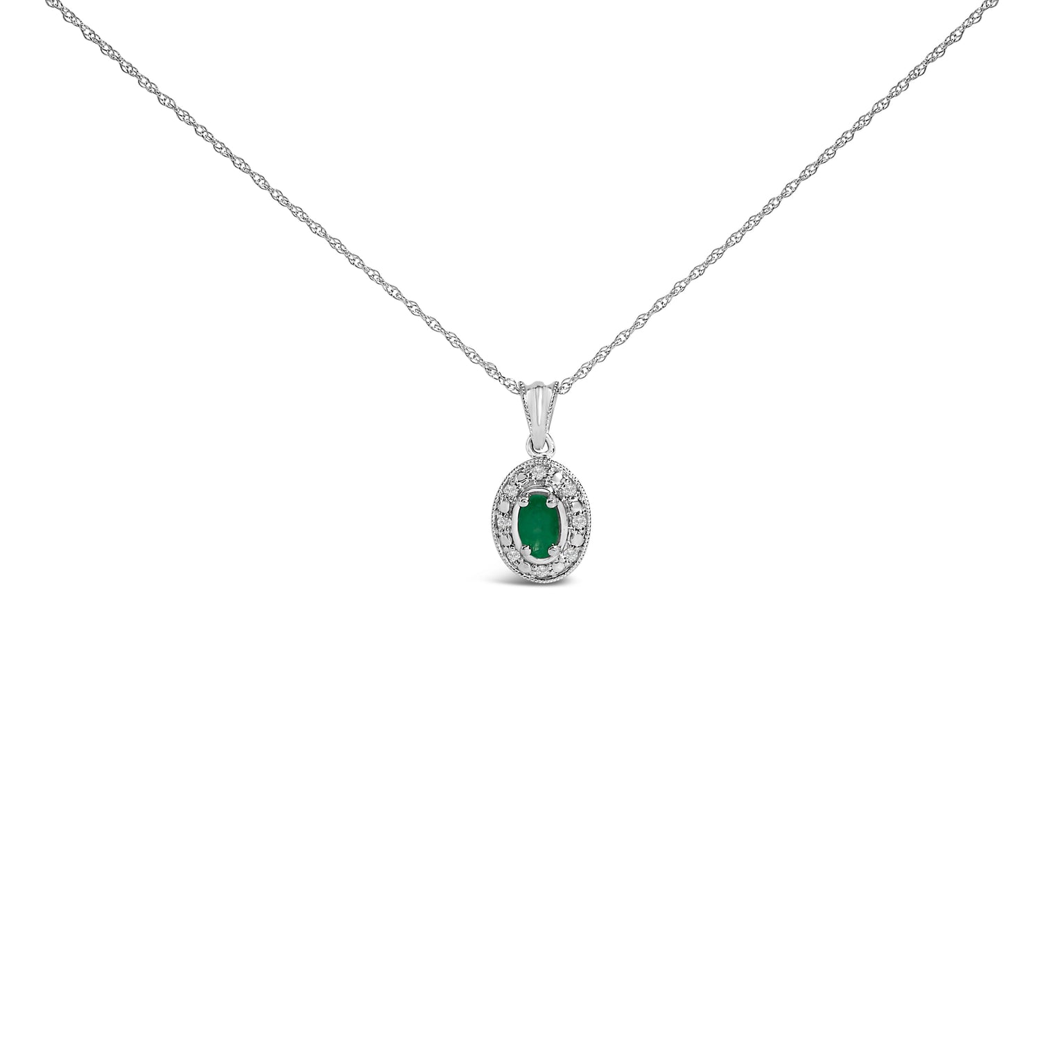 14K White Gold Oval Green Emerald and Diamond Halo Pendant Necklace - 18" Inches by Bids.com