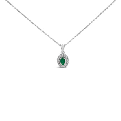 14K White Gold Oval Green Emerald and Diamond Halo Pendant Necklace - 18" Inches by Bids.com
