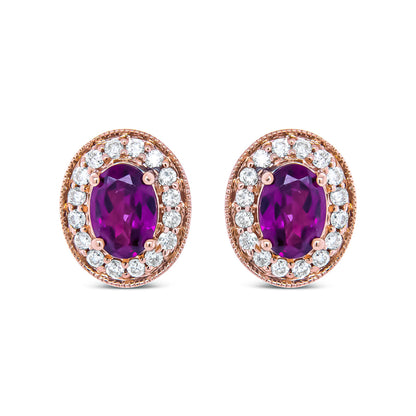 14K Rose Gold 7x5mm Oval Cut Garnet and 3/8 Cttw Round Diamond Halo Stud Earrings (G-H Color, SI1-SI2 Clarity) by Bids.com