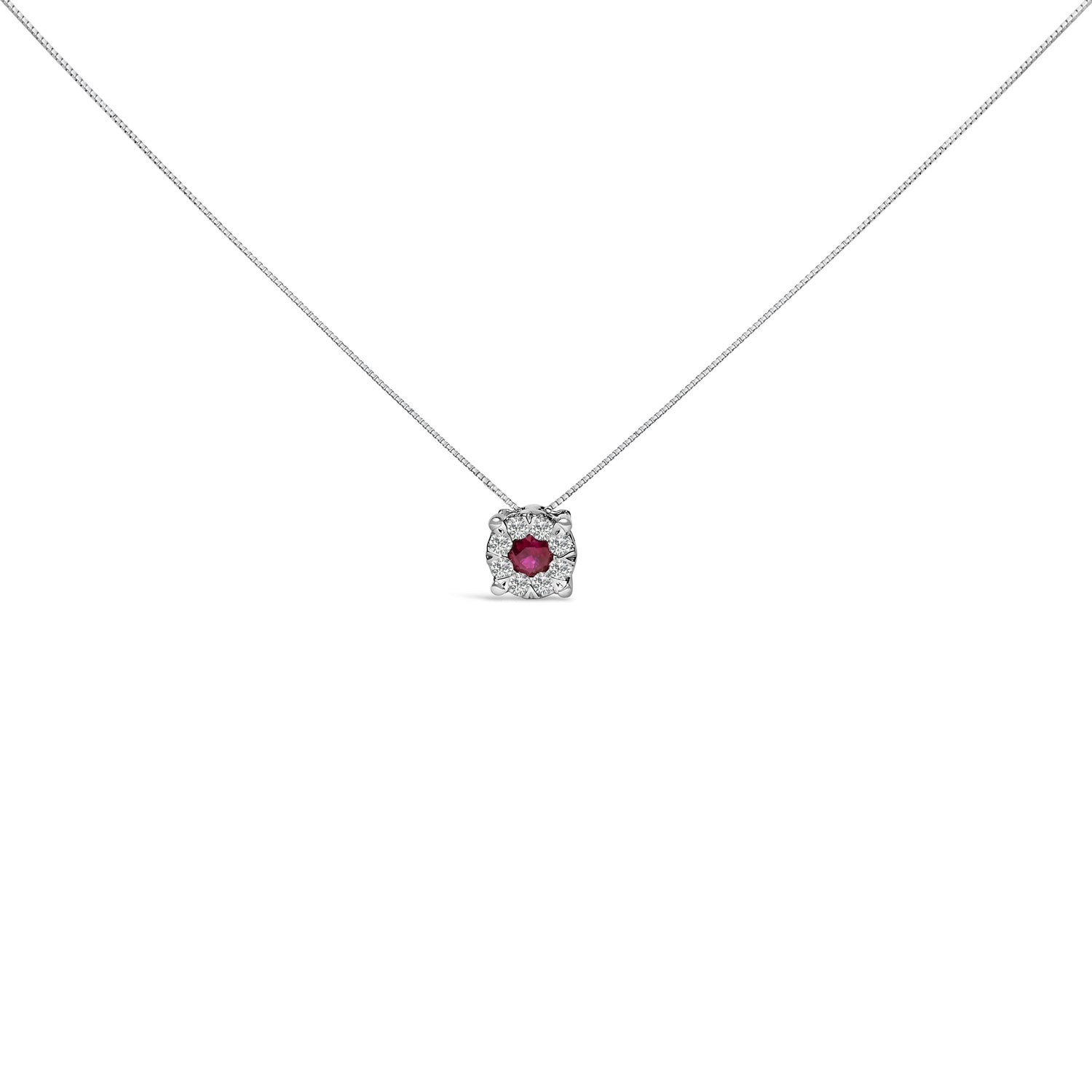 14K White Gold Red Ruby and 1/3 Cttw Diamond Halo Pendant Necklace by Bids.com