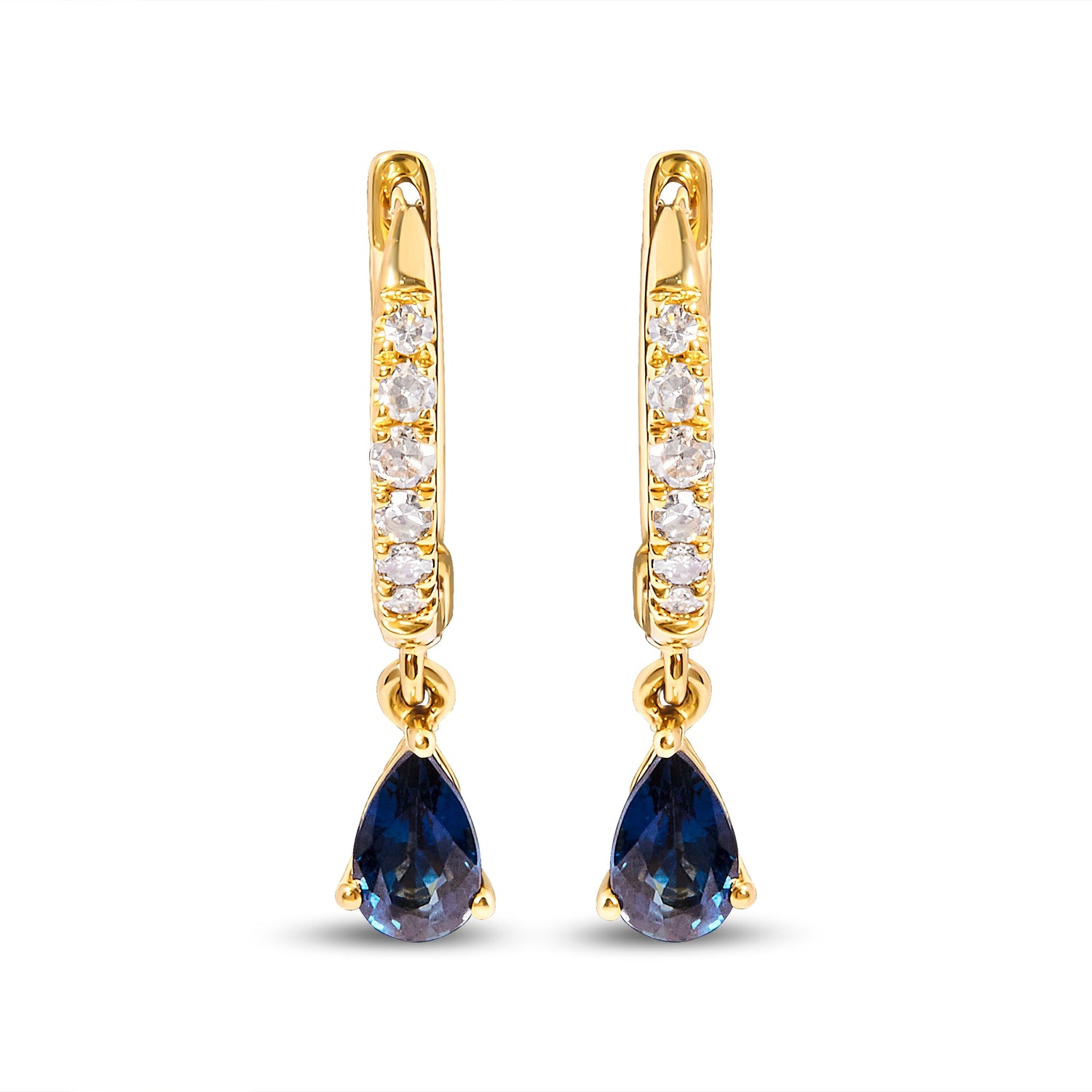 10K Yellow Gold Pear Blue Sapphire and 1/10 Cttw Diamond Drop and Dangle Huggy Hoop Earrings (H-I Color, I1-I2 Clarity) by Bids.com